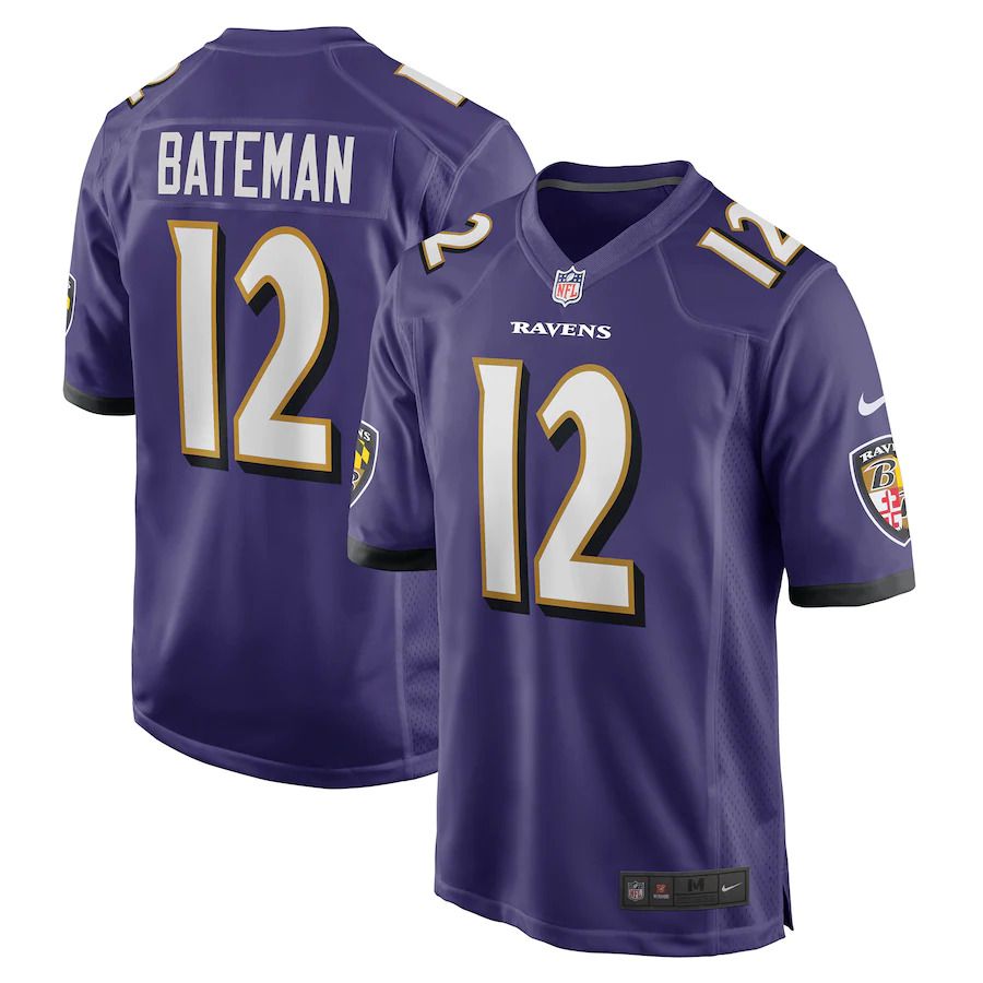 Men Baltimore Ravens 12 Rashod Bateman Nike Purple Game NFL Jersey
